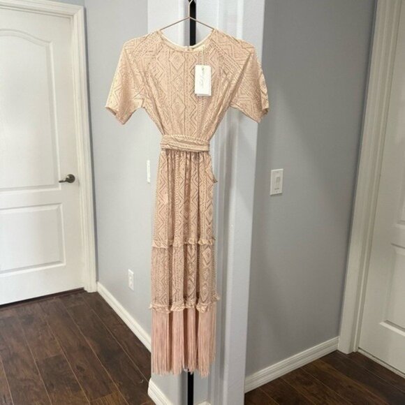 Tulle Jour Crochet Fringe Boho Western Elegant Lace Beige Pink Midi Dress XS - Picture 1 of 5